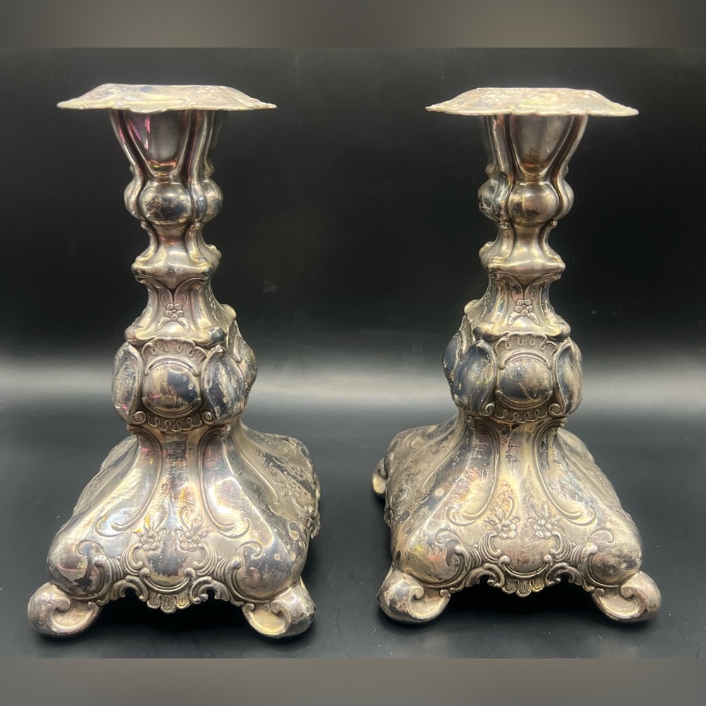 Elegant Silver Antique Candle Holders- Set of 2, Rococo style